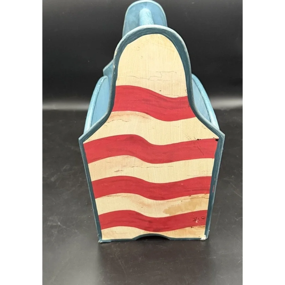 Americana Patriotic Wooden Storage Caddy Basket Tote Hand Painted Flag Decor